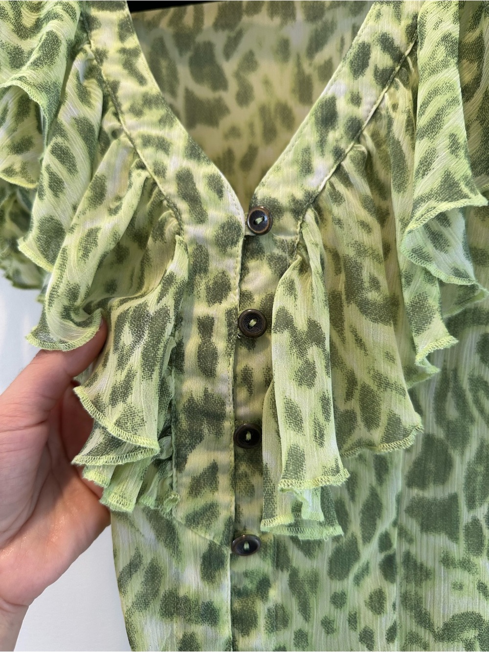 Green Leopard-Print Ruffle Button Blouse - Picture 6 of 9